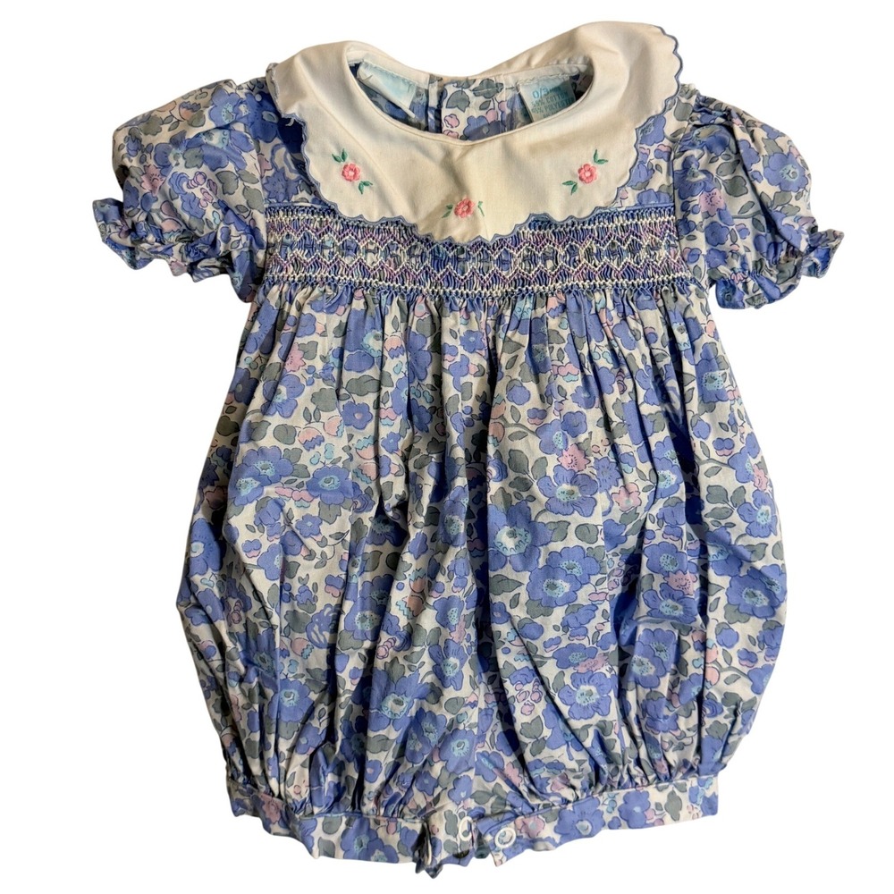 Bright Future Vintage Blue Floral Smocked Bubble Romper Peter Pan Collar 0-3M